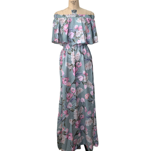 Show me your Mumu Maxi Dress Hawaii Orchid Summer Off Shoulder XS S NWT - Picture 1 of 9
